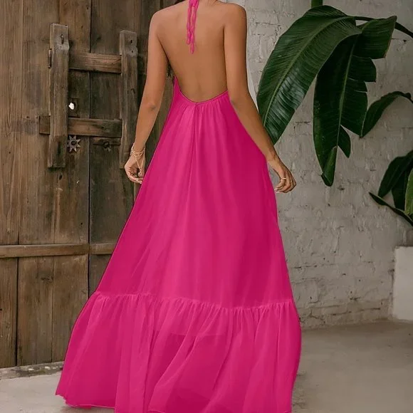 Hot Pink Tie Backless Halter Dress - Picture 2 of 5